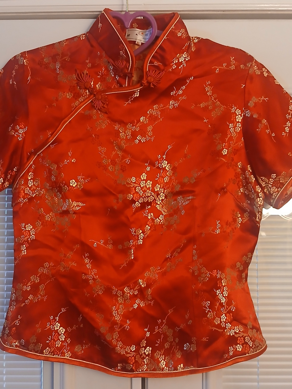 Traditional Y2K Red Satin Floral Mandarin Collar Top